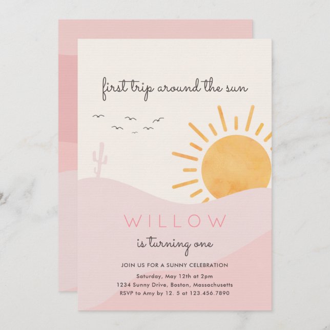 Boho Sunshine 1st Trip around The Sun Birthday Invitation (Front/Back)