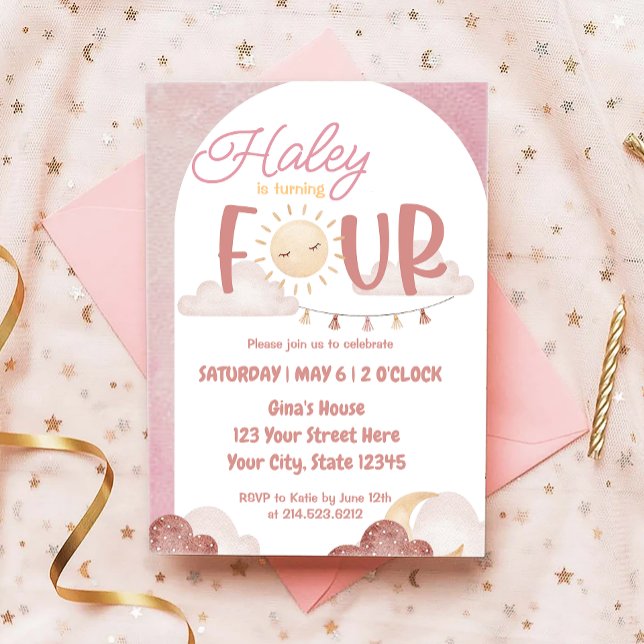 Boho Sunshine 4th Birthday Party Watercolor Invitation (Creator Uploaded)