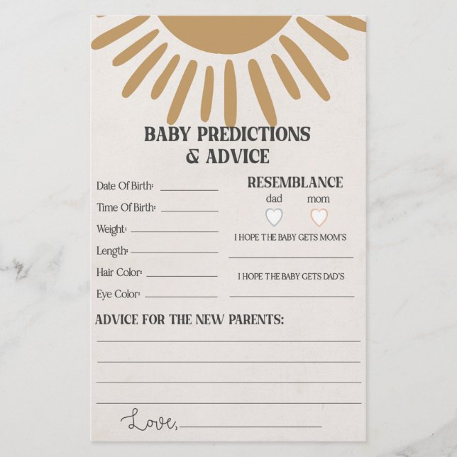 boho sunshine advice for baby shower game  (Front)