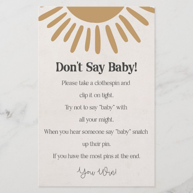 boho sunshine dont say baby shower game  (Front)