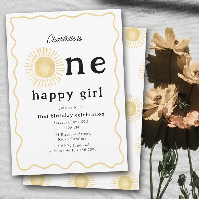 Boho Sunshine First Birthday One Happy Girl Retro Invitation (Boho Sunshine First Birthday One Happy Girl Retro Invitation)