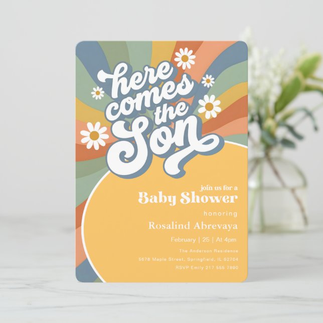 Boho Sunshine Here Comes the Son Retro Baby Shower Invitation (Standing Front)