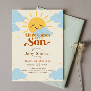 Boho Sunshine Here Comes The Sun Retro Baby Shower Invitation