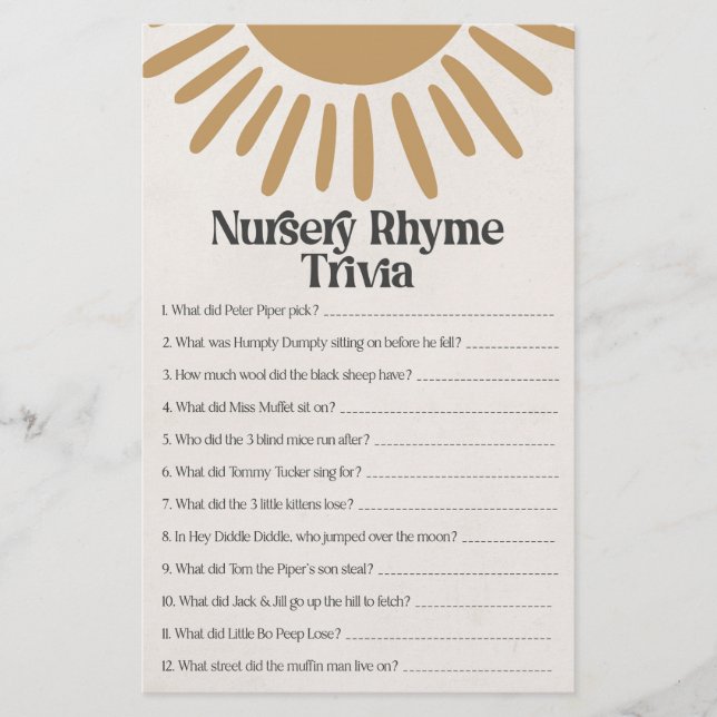 boho sunshine nursery rhyme trivia shower game  (Front)