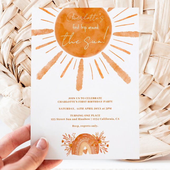 Boho sunshine rainbow orange 1st birthday invitation (Creator Uploaded)