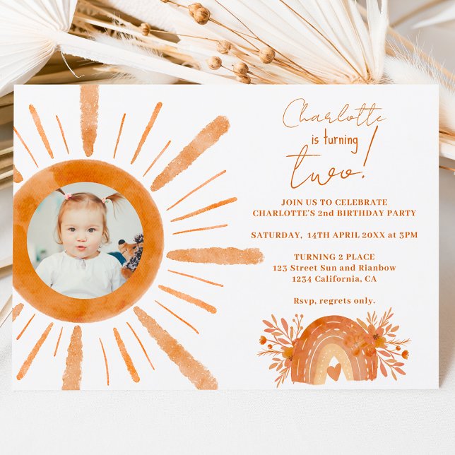 Boho sunshine rainbow orange 2nd birthday invitation (Creator Uploaded)