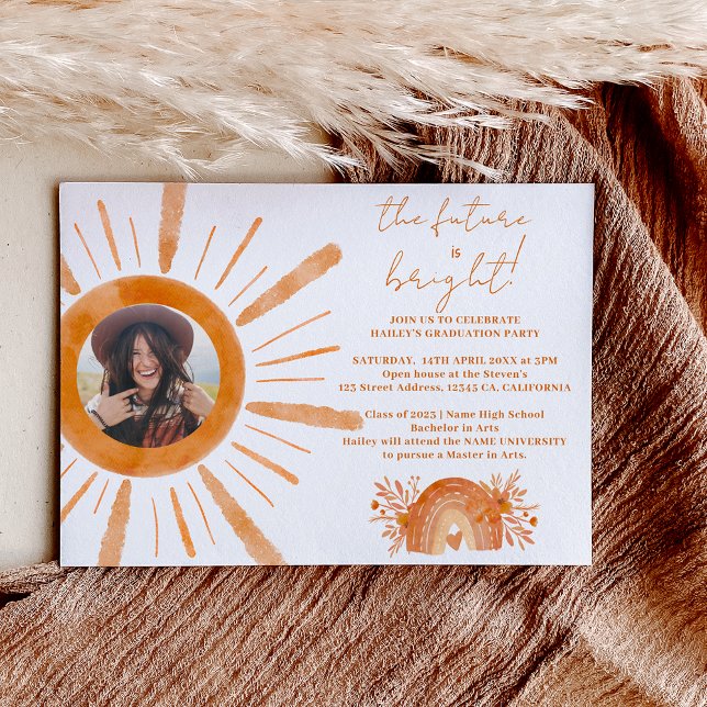 Boho sunshine rainbow orange photo graduation invitation (Creator Uploaded)