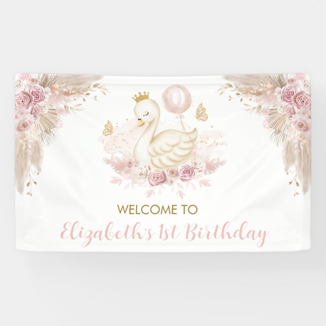 Boho Swan Princess Blush Pink Floral Welcome Party Banner (Horizontal)