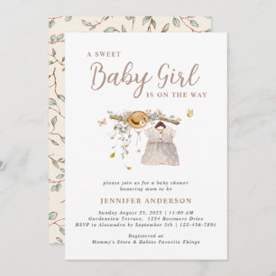 Boho Sweet Baby Girl Outfit Botanical Baby Shower Invitation