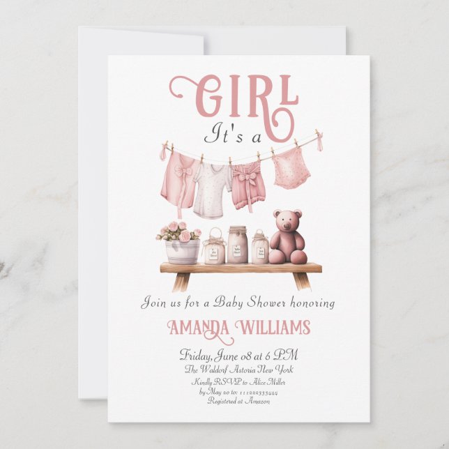 Boho Sweet Its a Girl Pink Clothesline Baby Shower Invitation (Front)