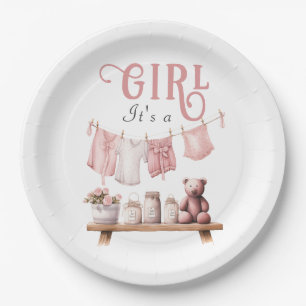 Boho Sweet Its a Girl Pink Clothesline Baby Shower Paper Plate