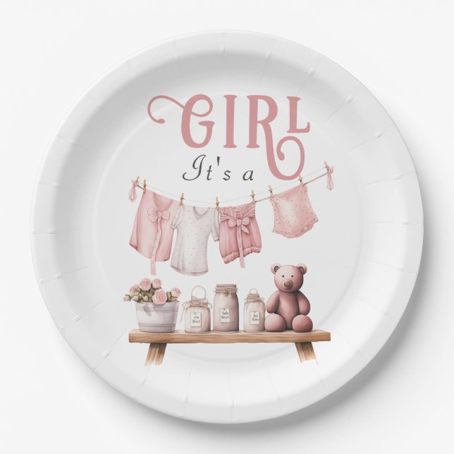 Boho Sweet Its a Girl Pink Clothesline Baby Shower Paper Plate (Front)