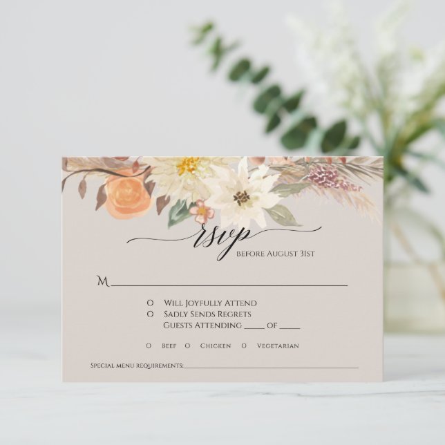 BOHO Taupe Earthy Fall Floral Pampas Grass Wedding RSVP Card (Standing Front)
