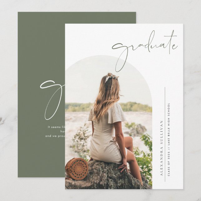 Boho Taupe Green Minimalist Arch Photo Graduation Announcement (Front/Back)