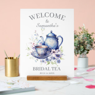 Boho Tea Pot Floral Blue Bridal Shower Tea Party Acrylic Sign