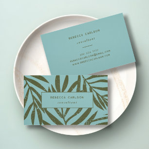 Boho Teal Abstract Grunge Botanical Business Card