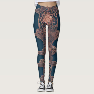 Boho Teal and Copper Lace Filigree Graphic AI art  Leggings