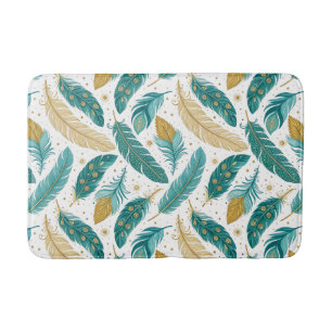 Boho Teal and Gold Feathers Bath Mat