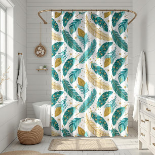 Boho Teal and Gold Feathers Shower Curtain