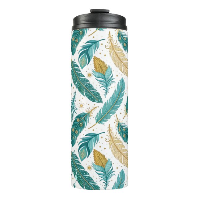 Boho Teal and Gold Feathers Thermal Tumbler (Front)