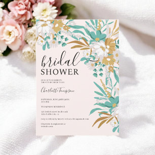 Boho Teal and Gold Floral Romantic Bridal Shower Invitation