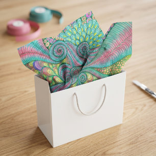 Boho Teal and Pink Abstract Swirling Doodle Art Tissue Paper