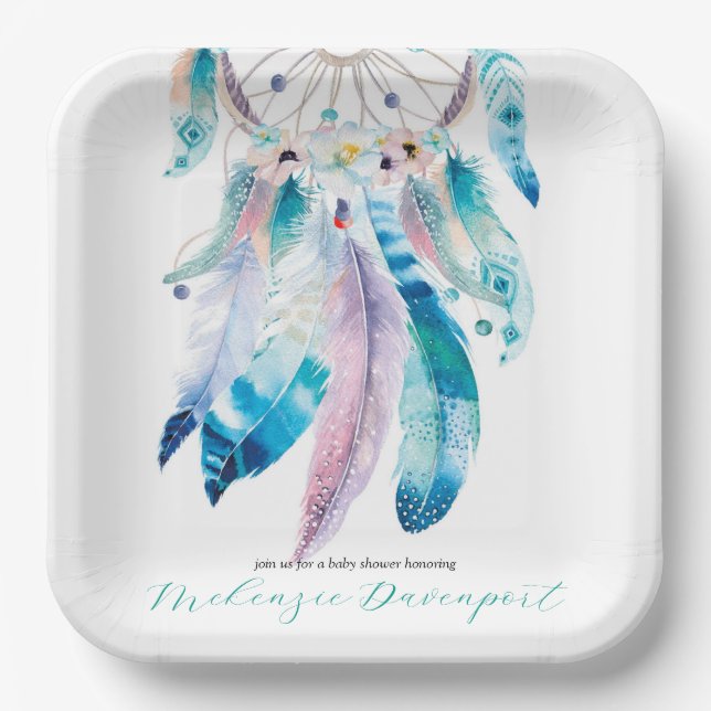 Boho Teal and Purple Dreamcatcher Baby Shower Paper Plate (Front)