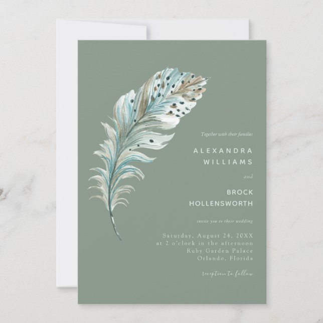 Boho Teal Blue Feather Minimal Sage Green Invitation (Front)