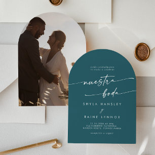 Boho Teal Blue Photo Arch Spanish Wedding Invitation