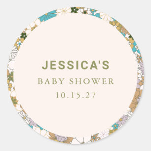 Boho Teal Brown Floral Cute Baby Shower Custom Classic Round Sticker