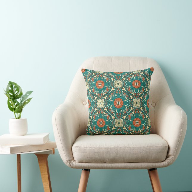 Boho Teal & Burnt Orange Mandala Floral Cushion (Chair)