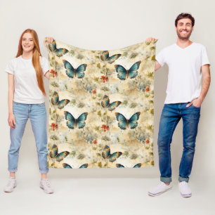 Boho Teal Butterfly Botanical Garden Print Fleece Blanket
