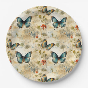 Boho Teal Butterfly Botanical Garden Print Paper Plate