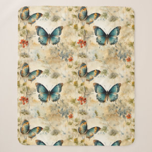 Boho Teal Butterfly Botanical Garden Print Sherpa Blanket