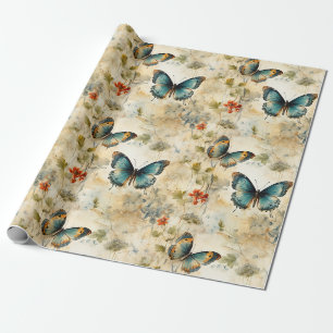 Boho Teal Butterfly Botanical Garden Print Wrapping Paper