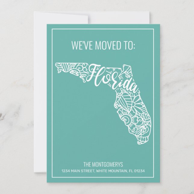Boho Teal Floral Mandala Florida State Moving Announcement (Front)