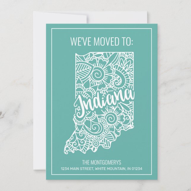 Boho Teal Floral Mandala Indiana State Moving Announcement (Front)
