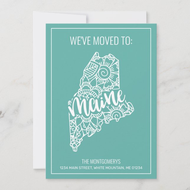 Boho Teal Floral Mandala Maine State Moving Announcement (Front)