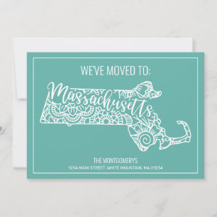 Boho Teal Floral Mandala Massachusetts Moving Announcement