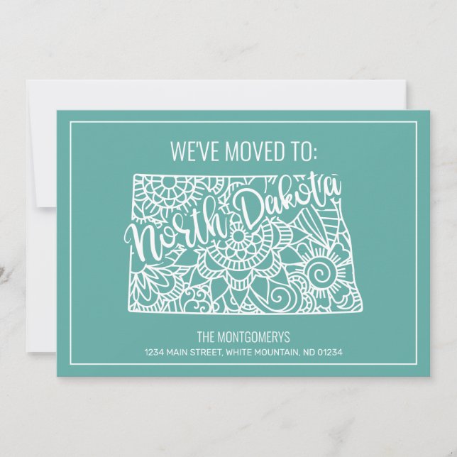 Boho Teal Floral Mandala North Dakota State Moving Announcement (Front)