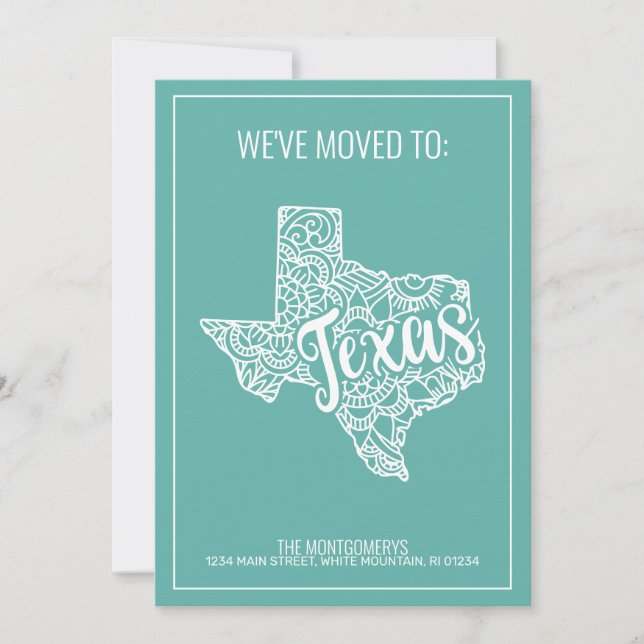 Boho Teal Floral Mandala Texas State Moving Announcement (Front)
