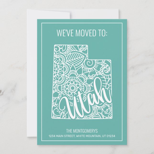 Boho Teal Floral Mandala Utah State Moving Announcement (Front)