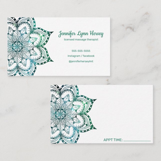 Boho Teal Mandala Massage Therapy Business Card (Front/Back)