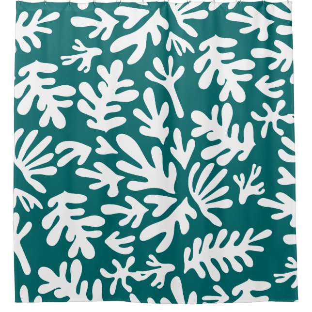 Boho Teal Matisse Botanical Shapes Pattern Shower Curtain (Front)