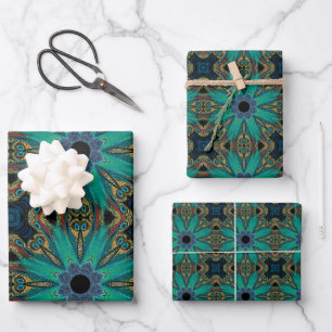 Boho Teal Peacock Abstract Graphic Pattern Wrapping Paper Sheet