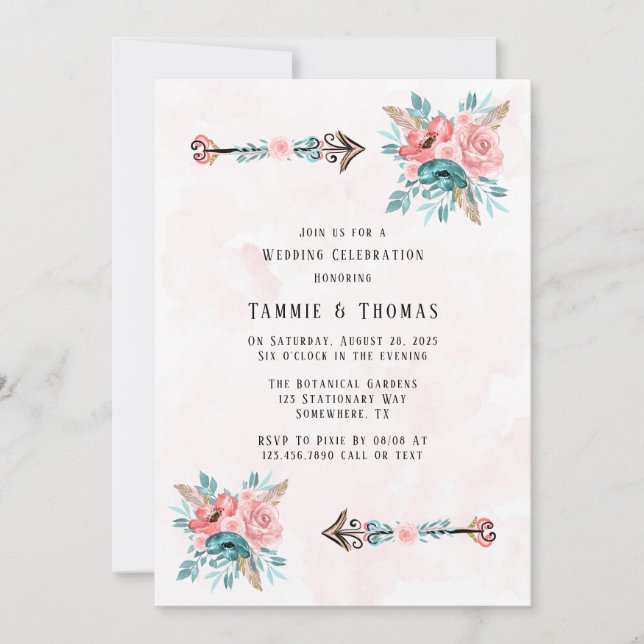 Boho Teal & Pink Peony Flowers Arrows Wedding Invitation (Front)