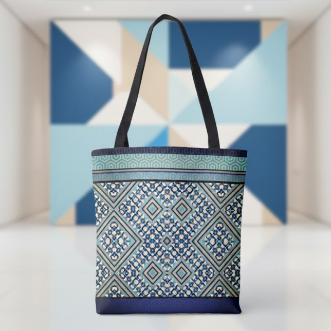 Boho Teal, Tan, Black, Blue Tribal  Tote Bag (Creator Uploaded)