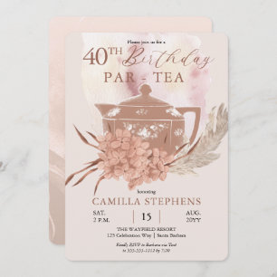 Boho Teapot Hydrangeas Pampas 40th Birthday Party Invitation