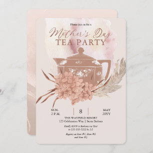 Boho Teapot Hydrangeas Pampas Mother's Day Tea Inv Invitation