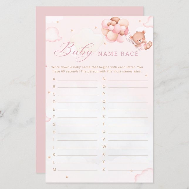 Boho Teddy Bear Baby Shower Baby name race game  (Front/Back)